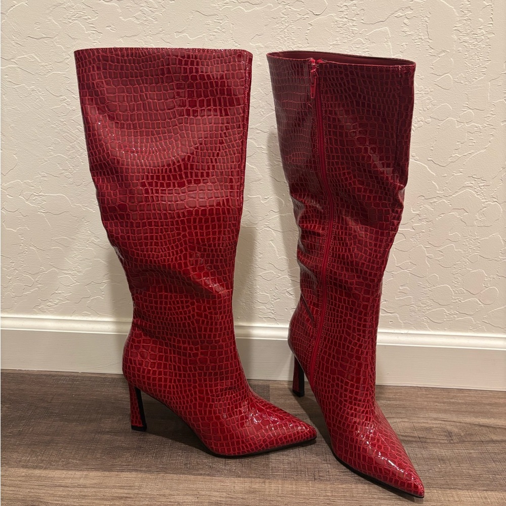 Red Croc-Embossed Heeled Boots - NWOT